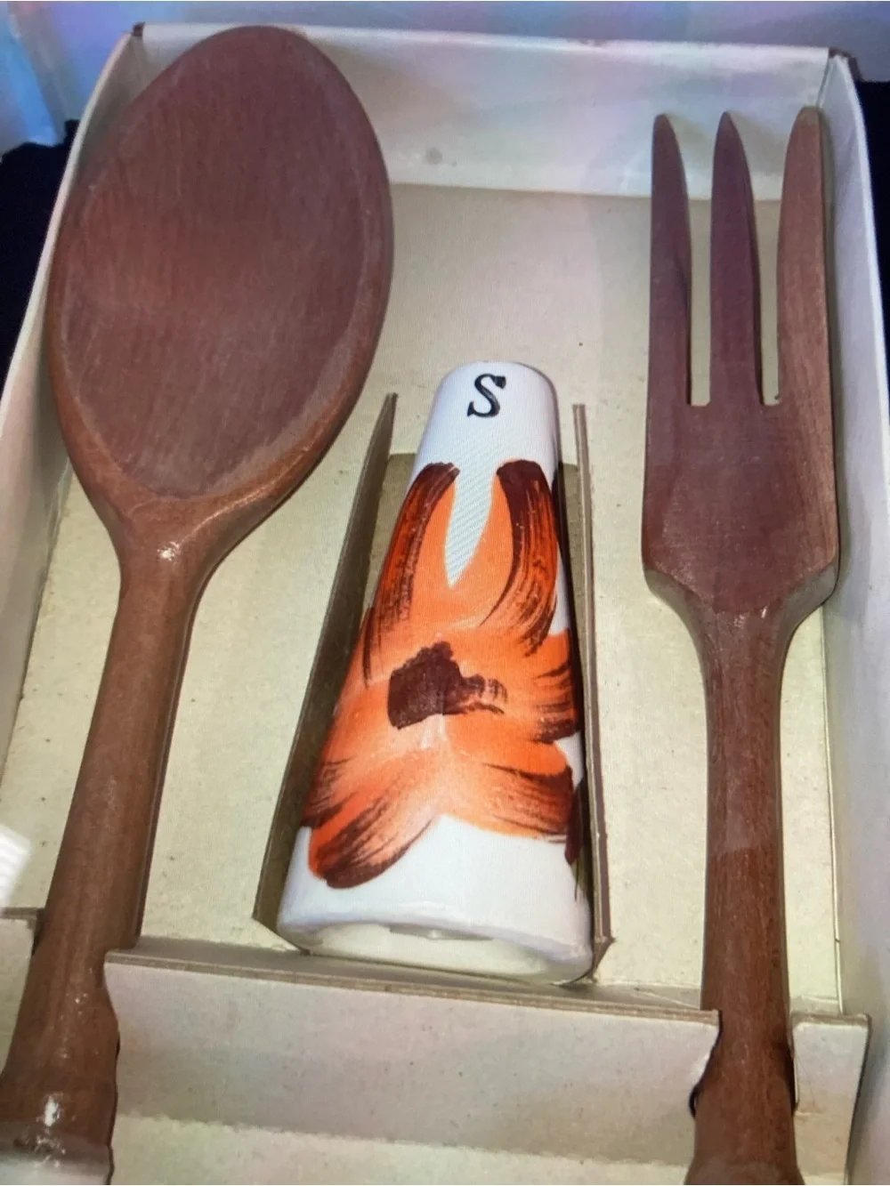 MCM Hand-Painted Ceramic & Wood Salad Serving Set w Salt & Pepper Japan